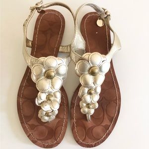 COACH Omega Gold Leather Floral T-Strap Sandals 6.5